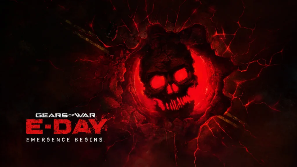 Símbolo do Crimson Omen de Gears of War, uma caveira vermelha brilhante no centro de uma parede rachada, com o logótipo de Gears of War: E-Day e a frase Emergence Begins ao lado.