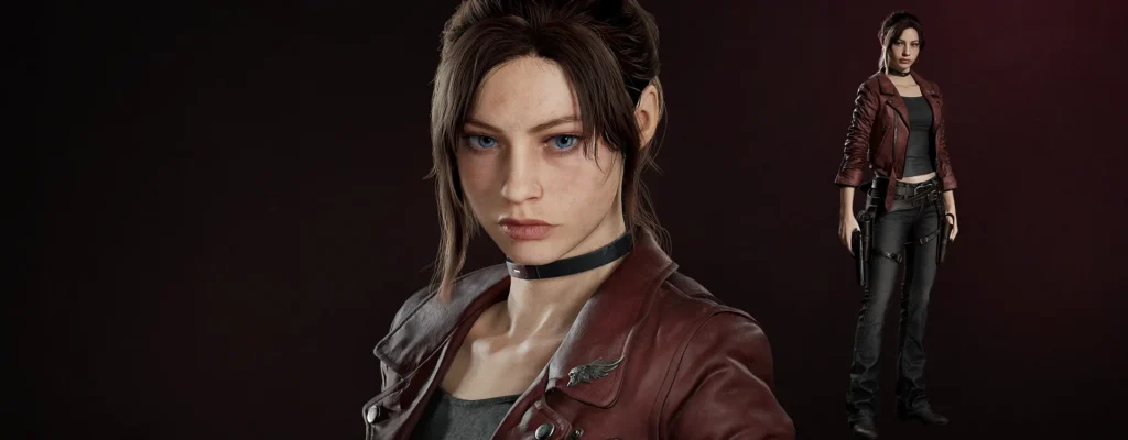 Arte oficial de divulgação em 3D de Claire Redfield em Resident Evil Veronica Remake exibindo seu visual atualizado com jaqueta de couro vermelha e gargantilha preta.