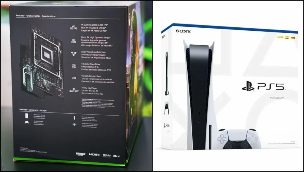 Montagem lado a lado de caixas de videogame. À esquerda, a traseira da caixa do Xbox Series X destacando as especificações técnicas de 4K e 8K HDR. À direita, a frente da caixa do PlayStation 5, também exibindo o selo dourado de 8K no canto superior.