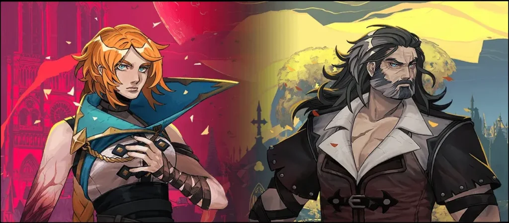 Composição com as artes oficiais de Castlevania: Belmont's Curse, apresentando a protagonista Rose Belmont no lado esquerdo sobre fundo vermelho e o seu pai Trevor Belmont no lado direito sobre fundo amarelo.