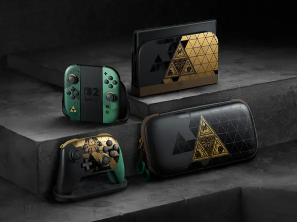 Controles, console e case para console temáticos do jogo Zelda ocarina of Time sobre uma plataforma de cor cinza escuro