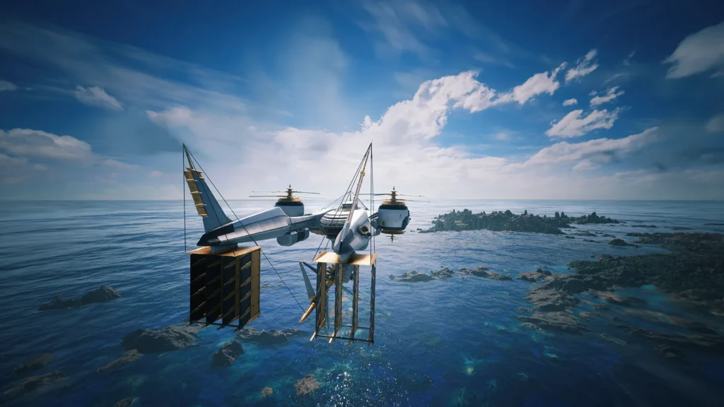 Aeronave do jogo Highwind sobrevoando o mar e algumas ilhas e porções de terra com pedras.