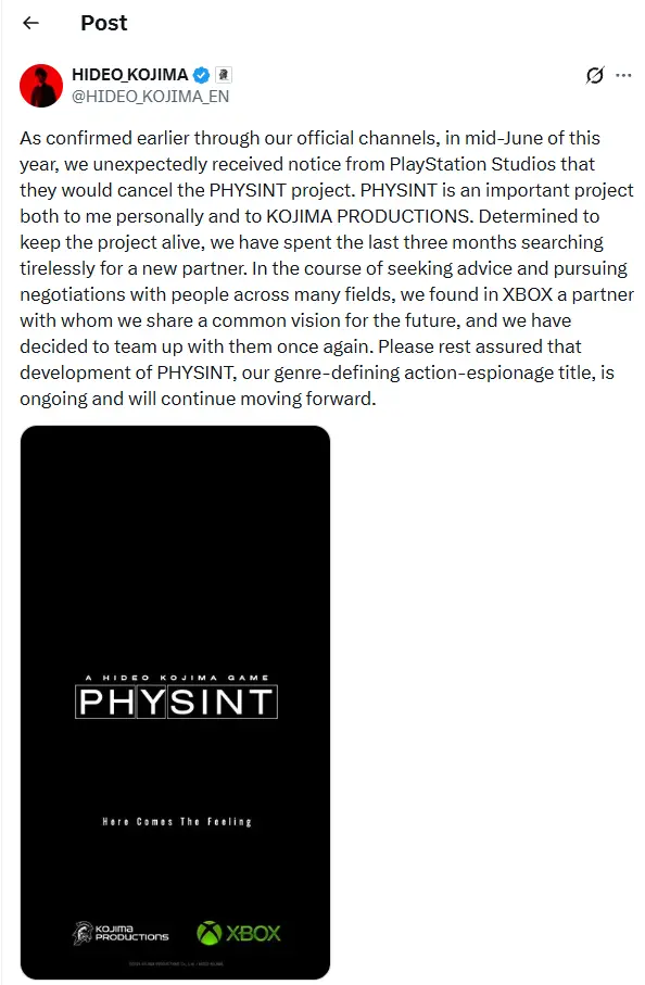 Captura de tela da publicação no X de Hideo Kojima confirmando o cancelamento inesperado do jogo PHYSINT pela PlayStation e o anúncio da nova parceria com a Xbox, com pôster oficial exibindo a marca Xbox.