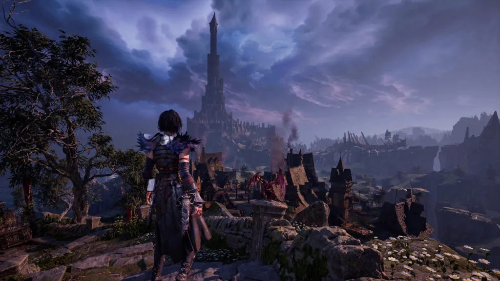 Kaatri em pé observando a cidade e um castelo no horizonte