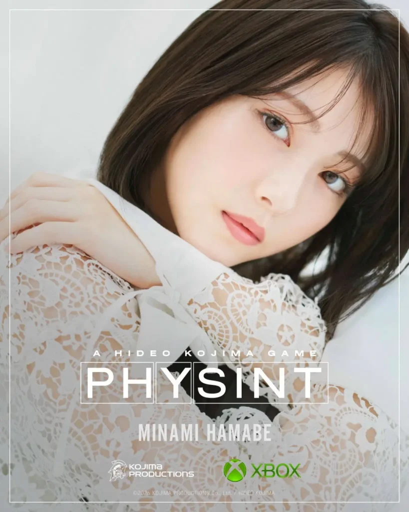 Pôster promocional do jogo Physint com a atriz Minami Hamabe vestindo uma blusa branca de renda. Na parte inferior, destacam-se o título A Hideo Kojima Game Physint, o nome da atriz e os logotipos da Kojima Productions e do Xbox.