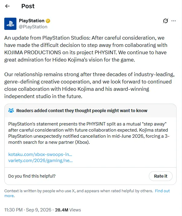 Captura de tela de publicação no X da PlayStation sobre o encerramento da parceria com a Kojima Productions no jogo PHYSINT, acompanhada de Nota da Comunidade destacando o cancelamento inesperado.
