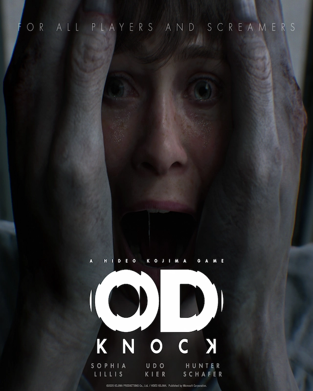 Pôster do jogo OD Knock mostrando o rosto da atriz Sophia Lillis gritando de pavor enquanto segura a cabeça com as mãos. No topo está a frase "For all players and screamers". Na parte inferior, destacam-se o título A Hideo Kojima Game OD Knock e os nomes dos atores Sophia Lillis, Udo Kier e Hunter Schafer.