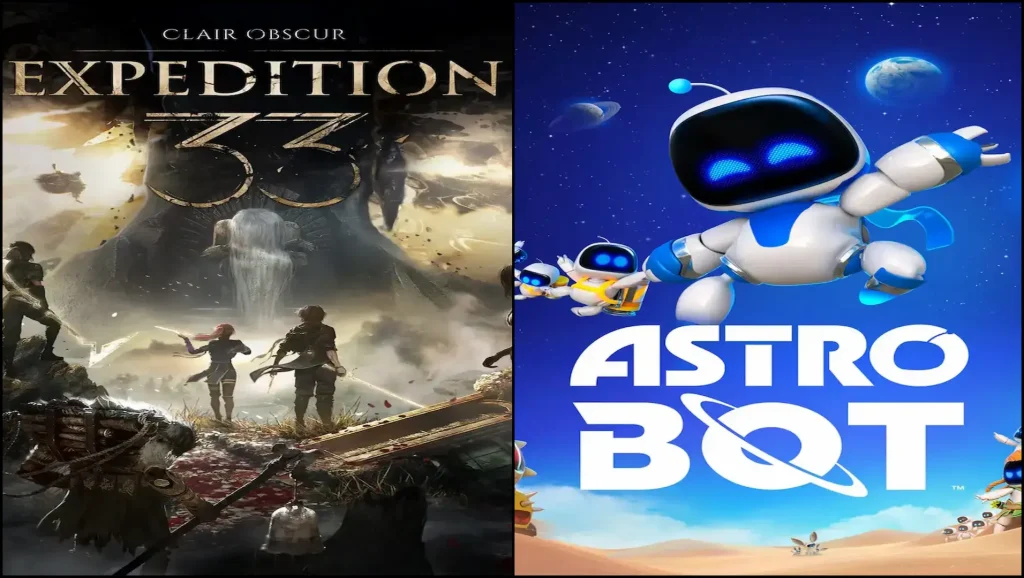 Montagem lado a lado com imagens de dois videojogos. À esquerda, a arte de fantasia sombria de Clair Obscur: Expedition 33. À direita, o robô Astro Bot a voar num cenário alegre e colorido sobre o logótipo do jogo.